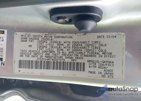 2004 Toyota 4Runner Sr5/Sport из США, поврежденный, VIN JTEZU14R740027479